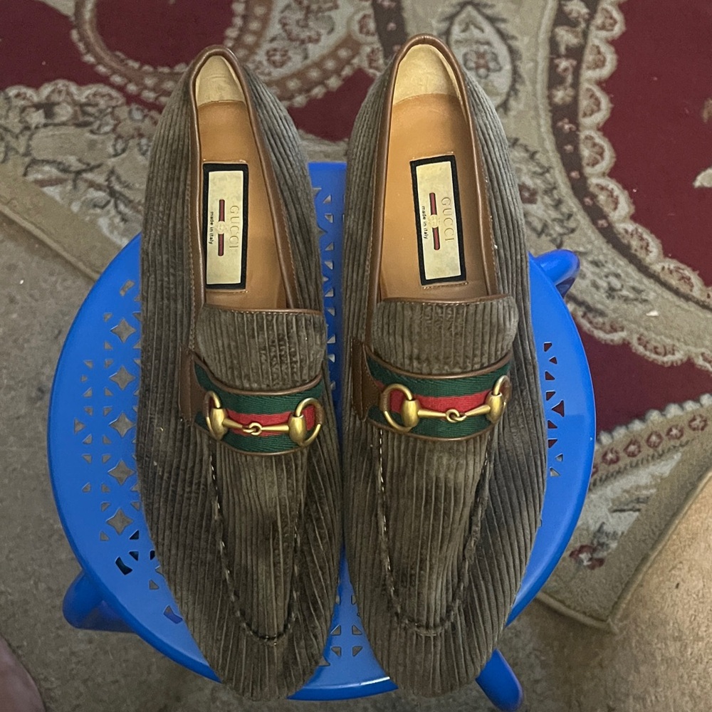 Gucci Corduroy Brown Loafers with Gold Accents